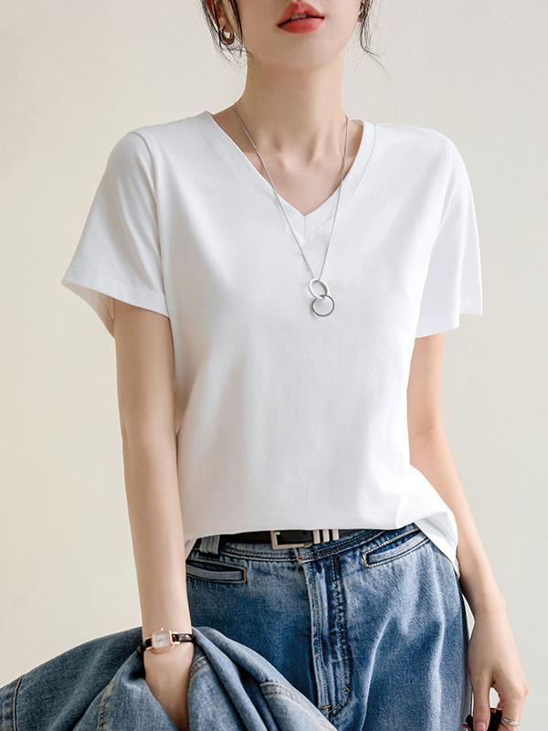 Loose Short Sleeves Solid Color V-Neck T-Shirts Tops Product Image