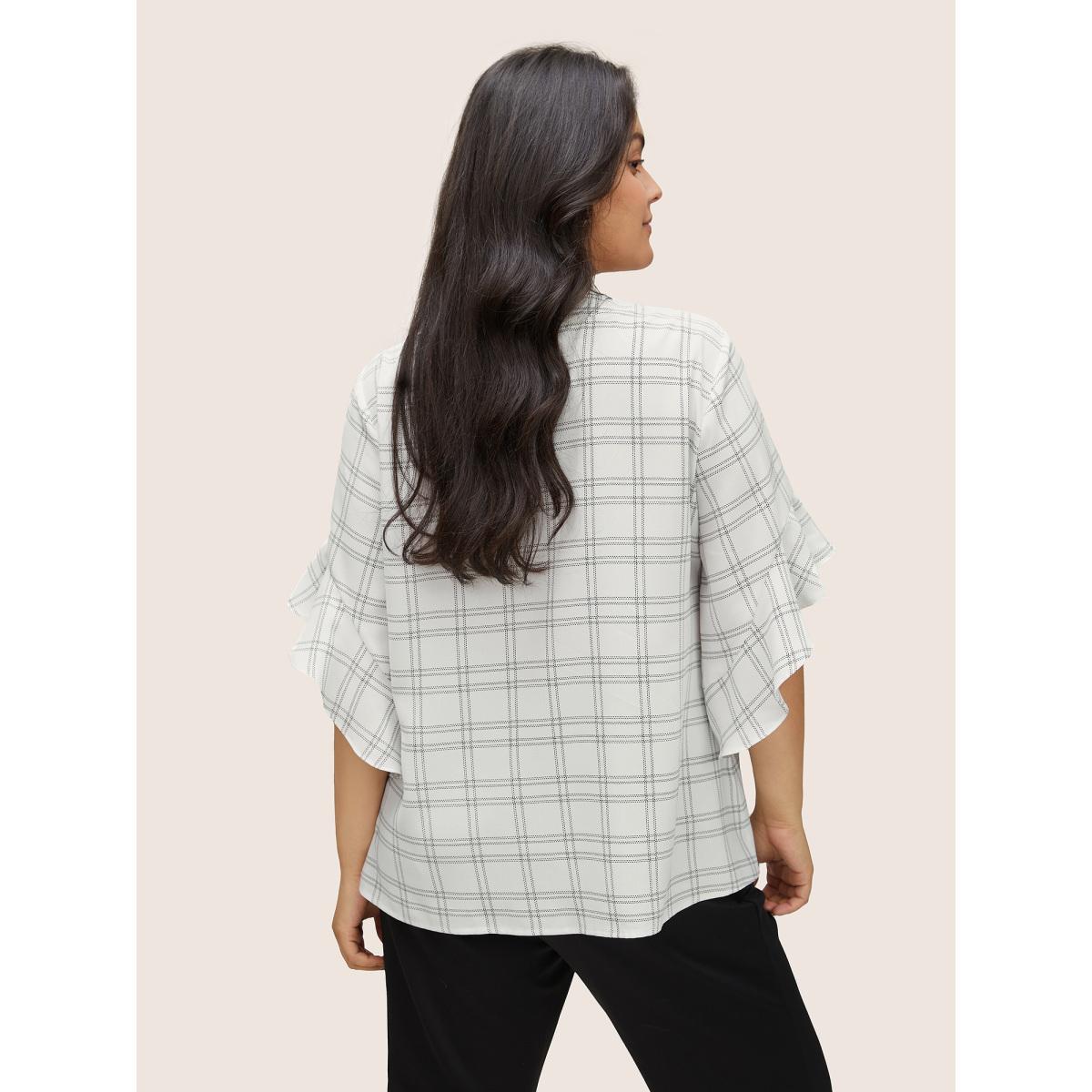 Plus Size White Plaid Notched Patchwork Ruffle Sleeve Blouse Women At the Office Half Sleeve Flat collar with V-notch Work Blouses BloomChic 18-20/2X Product Image