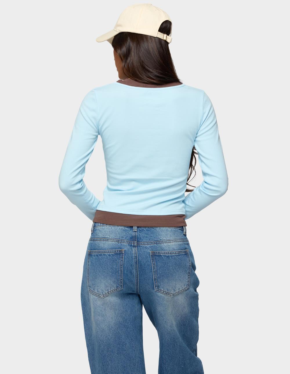 EDIKTED Contrast Layered Look Long Sleeve Tee - LIGHT BLUE Product Image