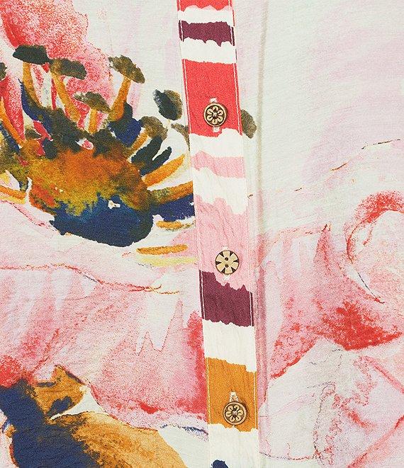 John Mark Plus Size Floral Wire Collar Long Roll-Tab Sleeve Hi-Low Hem Button-Front Tunic Product Image