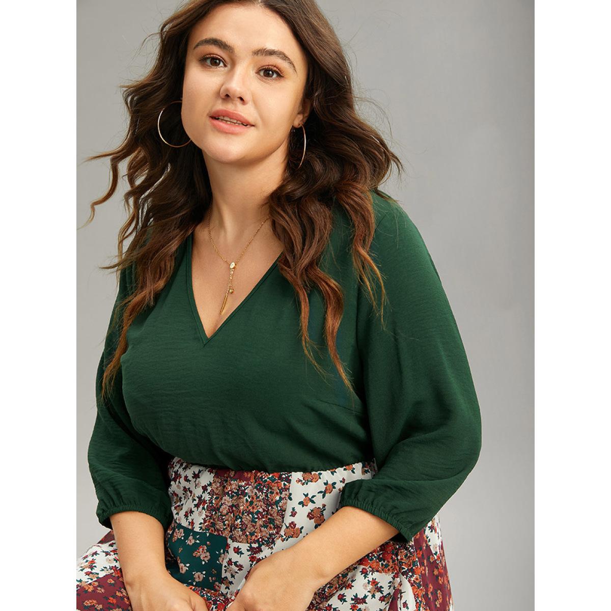 Plus Size Ditsy Floral Colorblock Patchwork Lantern Sleeve Dress DarkGreen Women Elegant Printed V-neck Long Sleeve Curvy Midi Dress BloomChic 12/L Product Image