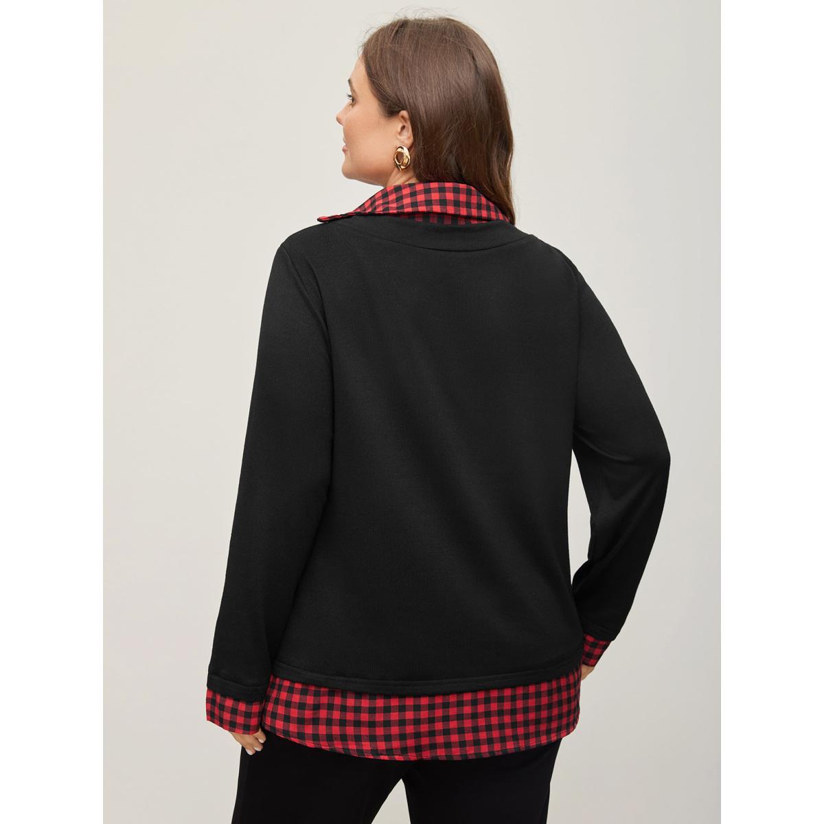 Plus Size Gingham Patchwork Shirt Collar Arc Hem Sweatshirt Women Multicolor Leisure Patchwork V-neck Casual Sweatshirts BloomChic 30/6X Product Image