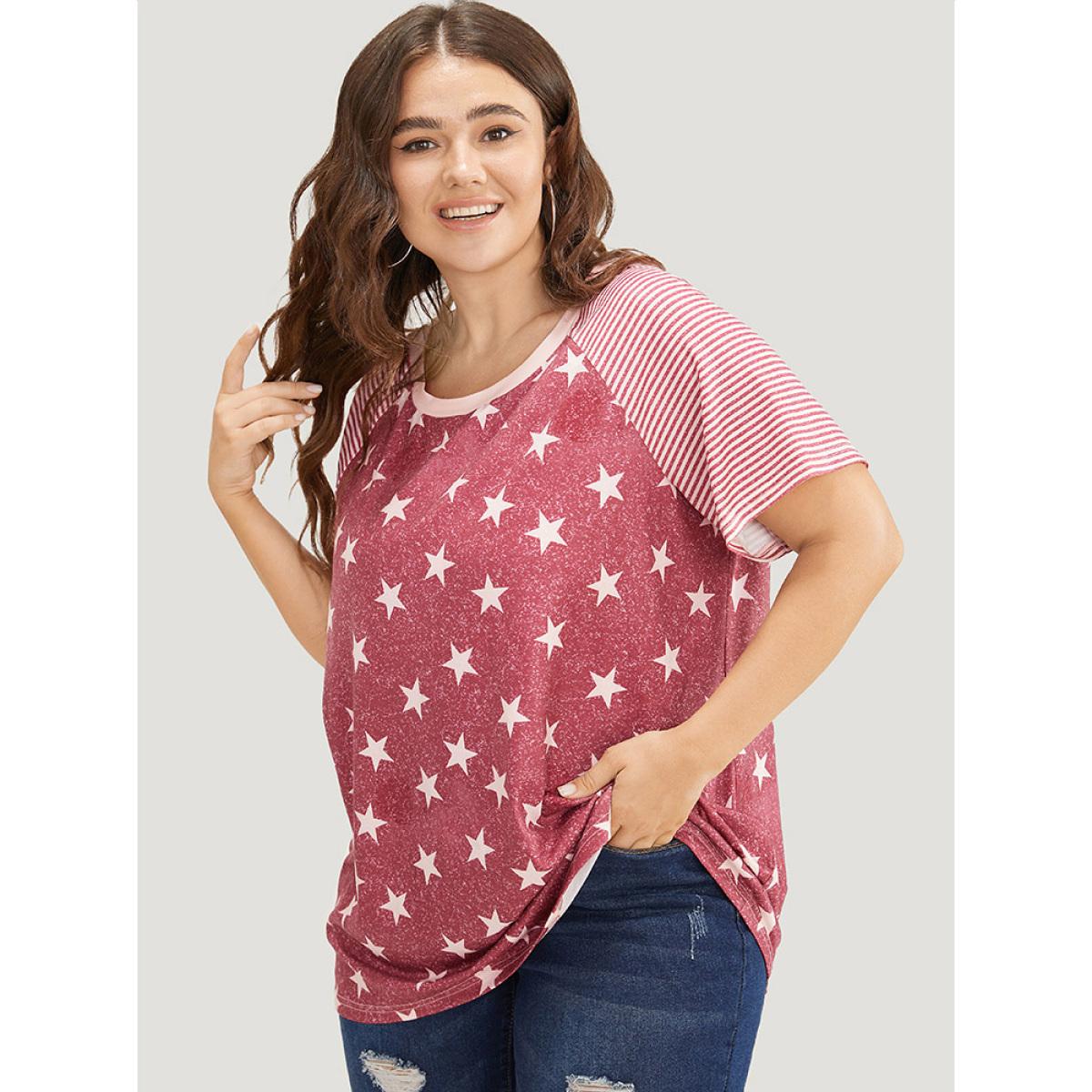 Plus Size Star Patchwork Striped Raglan Sleeve T-shirt Russet Women Casual Moon and Star Round Neck Dailywear T-shirts BloomChic 26/4X Product Image