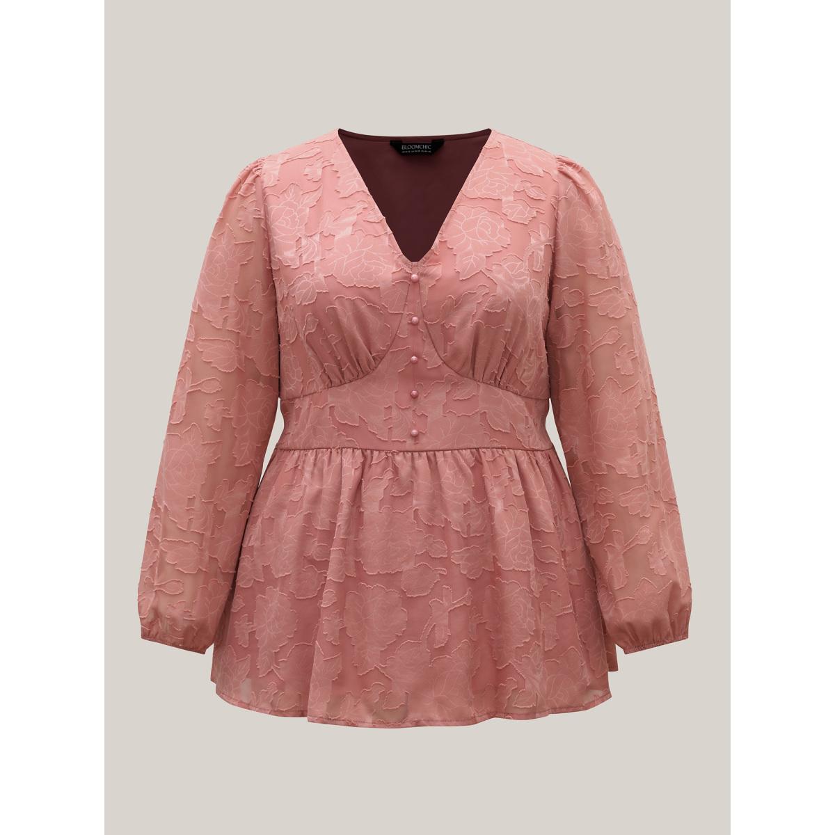 Plus Size Rouge Textured Waist-Cinched Lined Button Shirt Women Elegant Extra Long Sleeve Deep V-neck Everyday Blouses BloomChic 12/L Product Image