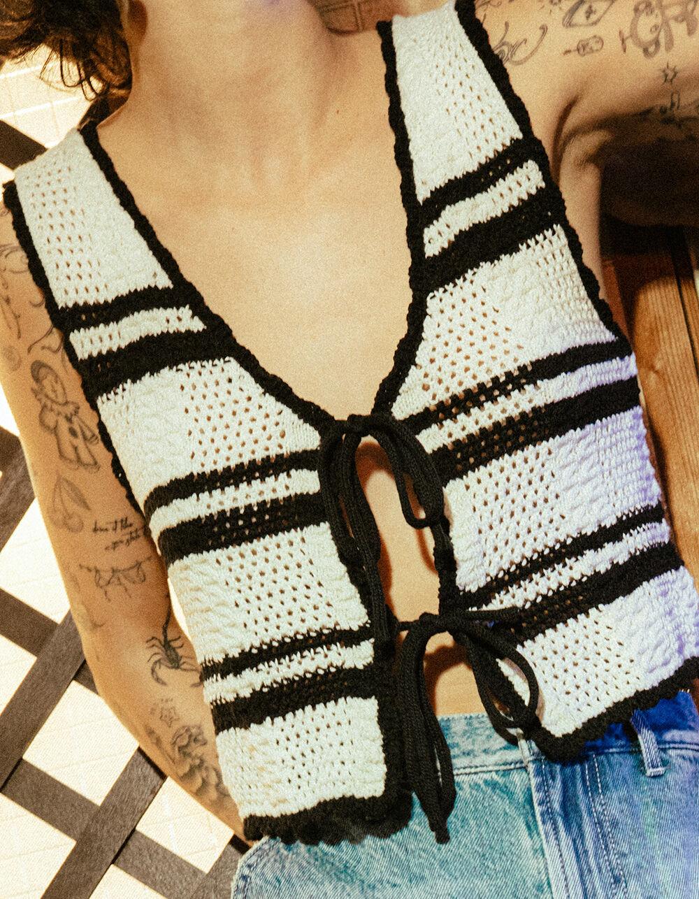 FULL TILT Tie Front Knit Womens Vest - Cream Combo Product Image