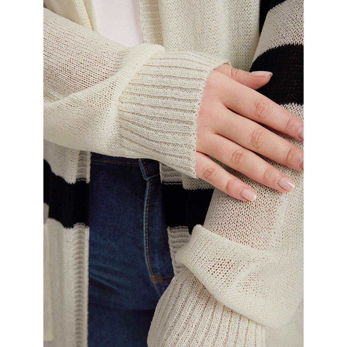 Plus Size Striped Pocket Open Front Cardigan Beige Women Casual Loose Long Sleeve Everyday Cardigans BloomChic 30/6X Product Image