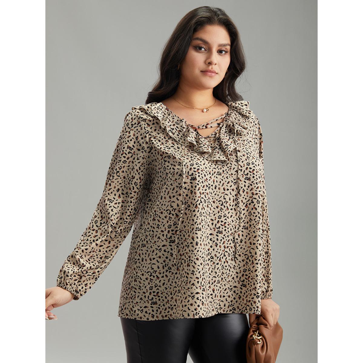 Plus Size Apricot Leopard Print Ties Flutter Trim Blouse Women Office Long Sleeve V-neck Work Blouses BloomChic 10/M Product Image