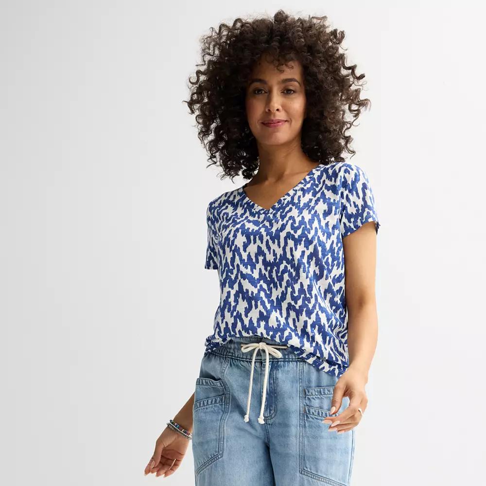 Womens Sonoma Goods For Life Everyday Short Sleeve V-Neck Tee Ivory Blue Geo Product Image