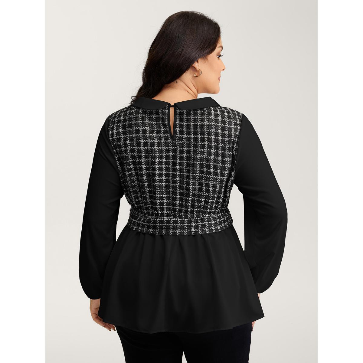Plus Size Black Houndstooth Pattern Color Contrast Blouse Women Timeless Long Sleeve Lapel Collar Elegant Blouses BloomChic 18-20/2X Product Image
