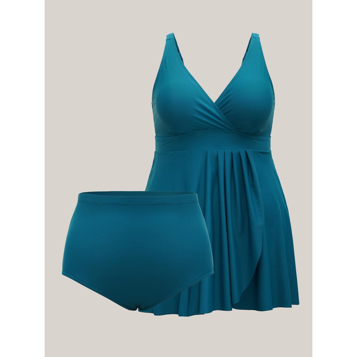 Plus Size Curvy Hem Fit Flare Swim Dress Women's Swimwear Teal Resort Bodycon Heart neckline High stretch Curve Swim Dresses BloomChic 28/5X Product Image