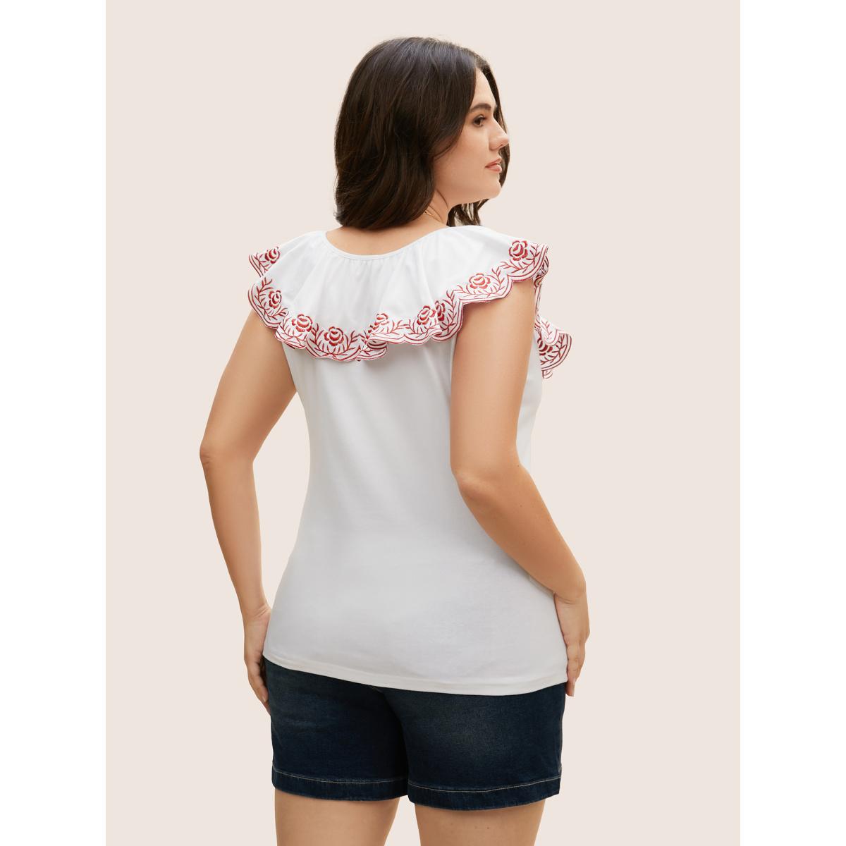 Plus Size Bandana Floral Embroidered Ruffle Trim Tank Top Women Originalwhite Resort Contrast V-neck Vacation Tank Tops Camis BloomChic 14-16/1X Product Image