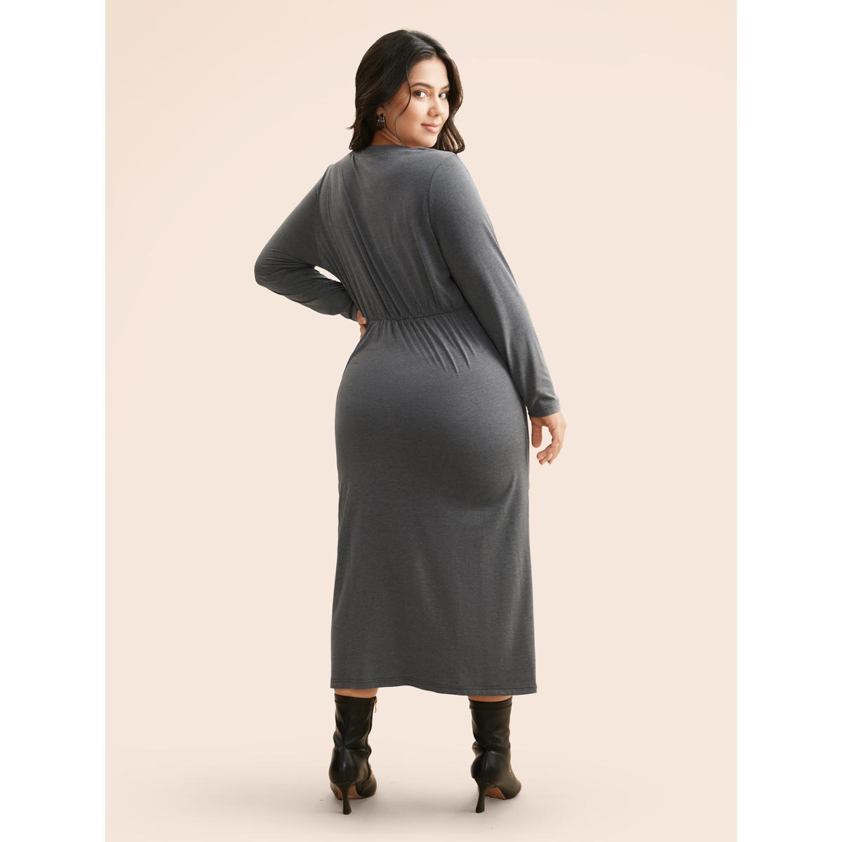Plus Size Solid Ruched Split Hem Dress DimGray Women Elegant Gathered Round Neck Long Sleeve Curvy BloomChic 26/4X Product Image
