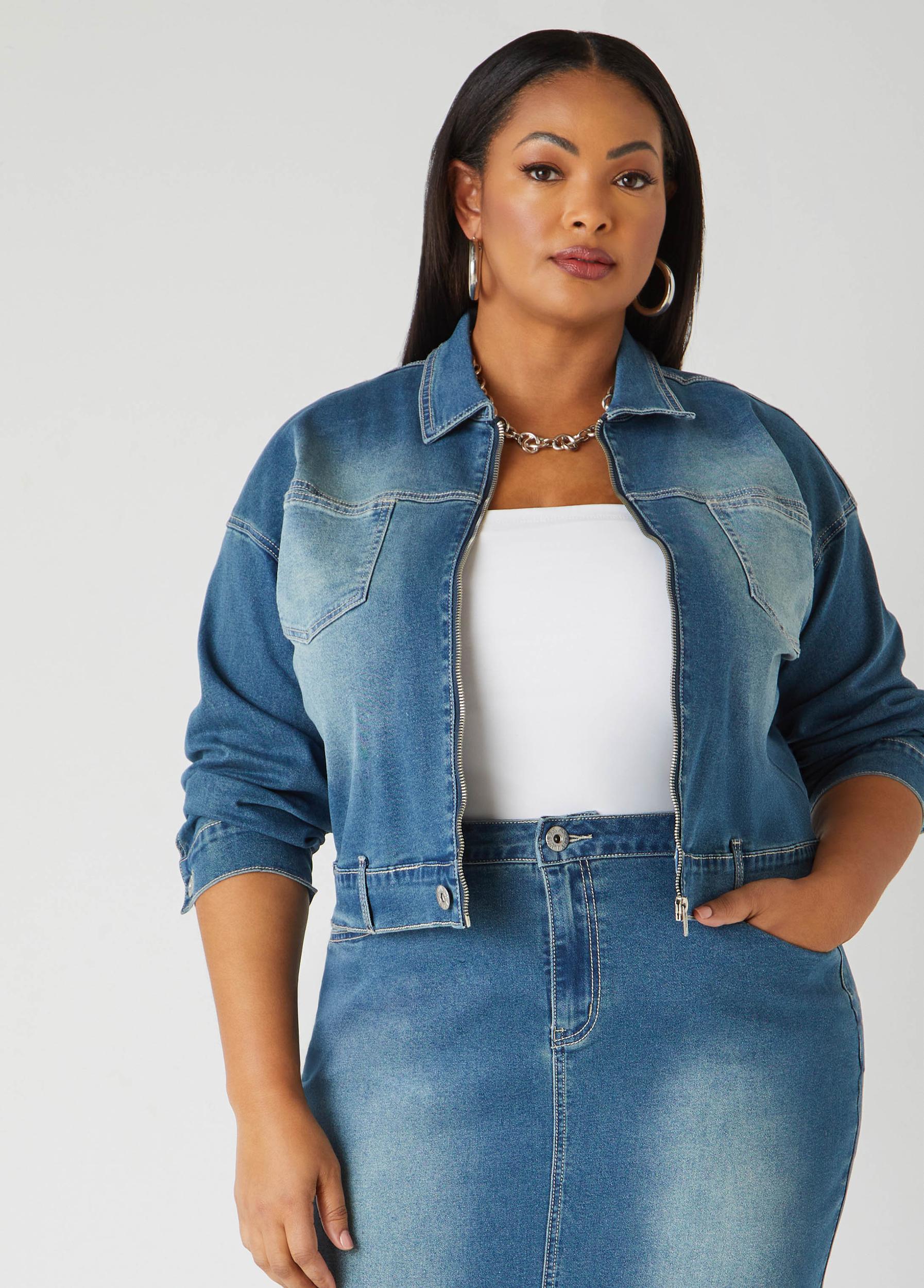 Plus Size Cropped Zip Front Denim Jacket Ashley Stewart Product Image
