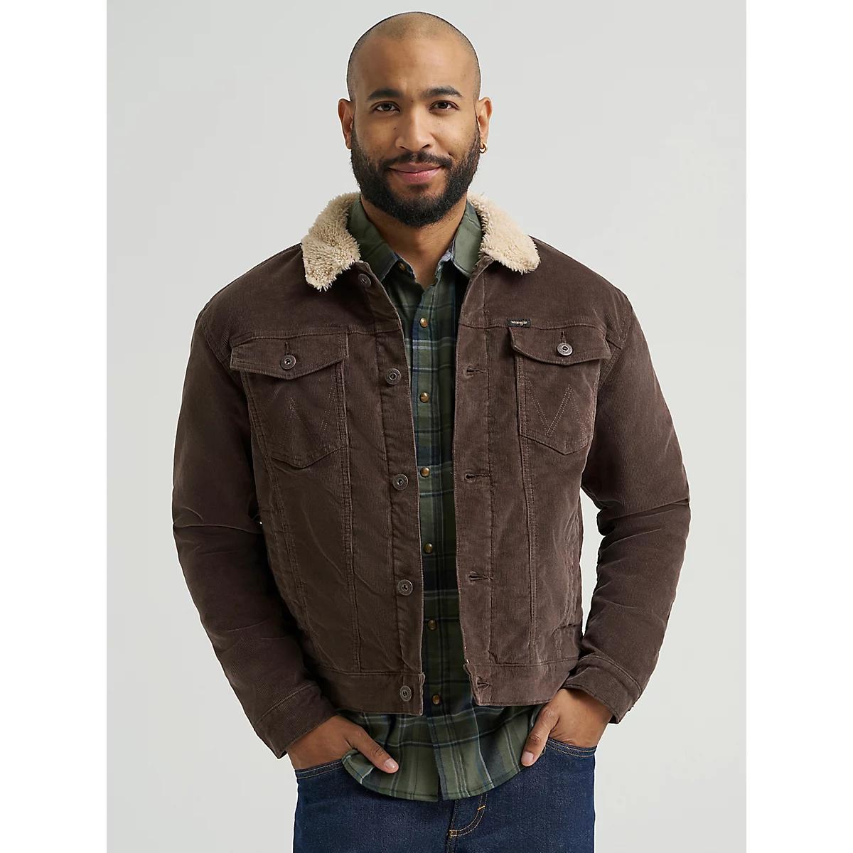 Men's Wrangler® Sherpa Lined Corduroy Trucker Jacket in Chocolate Product Image