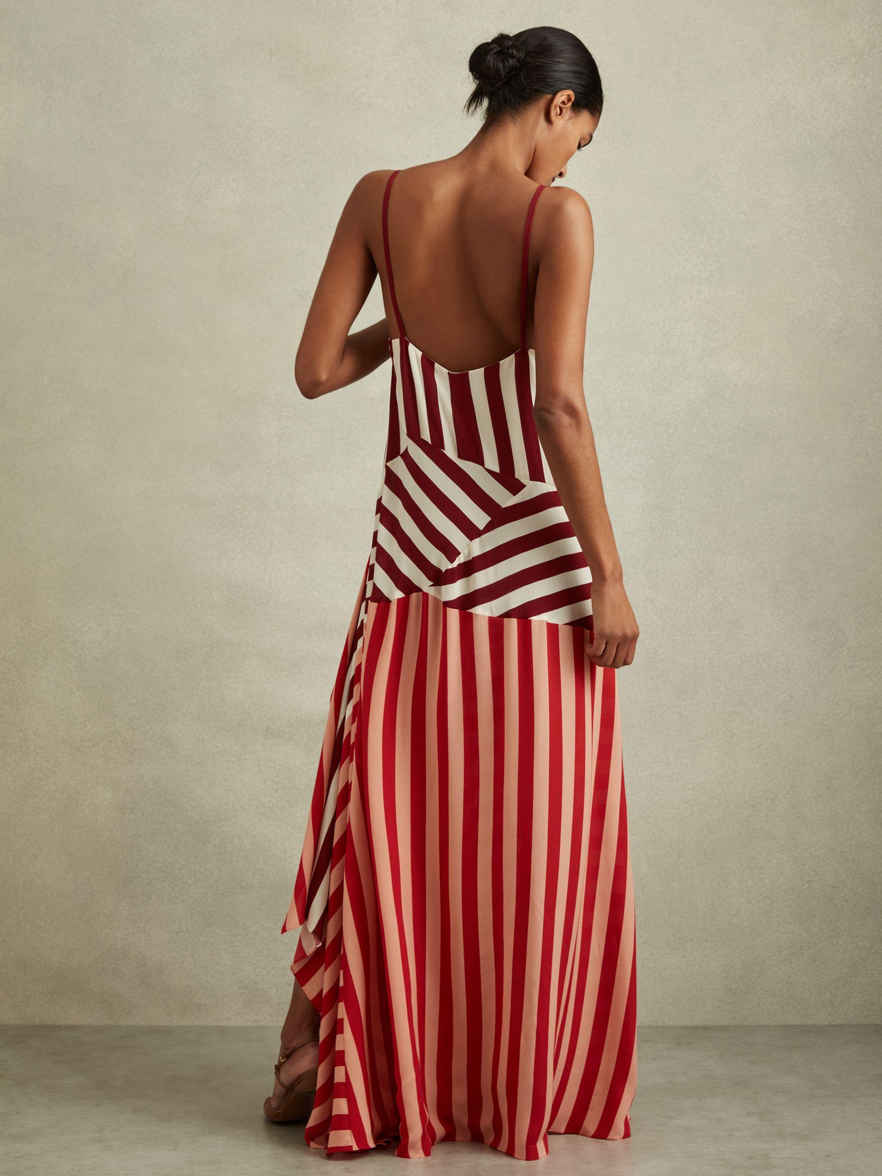 Colourblock Stripe Asymmetric Midi Dress in Burgundy/Off White Product Image