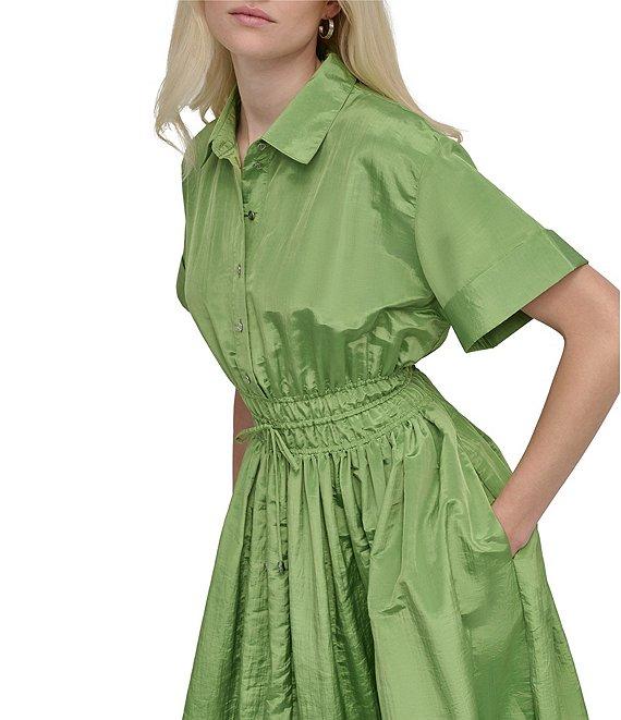 DKNY by Donna Karan Point Collar Neck Short Sleeve Cinch Waist Button Front Shirt Maxi Dress Product Image