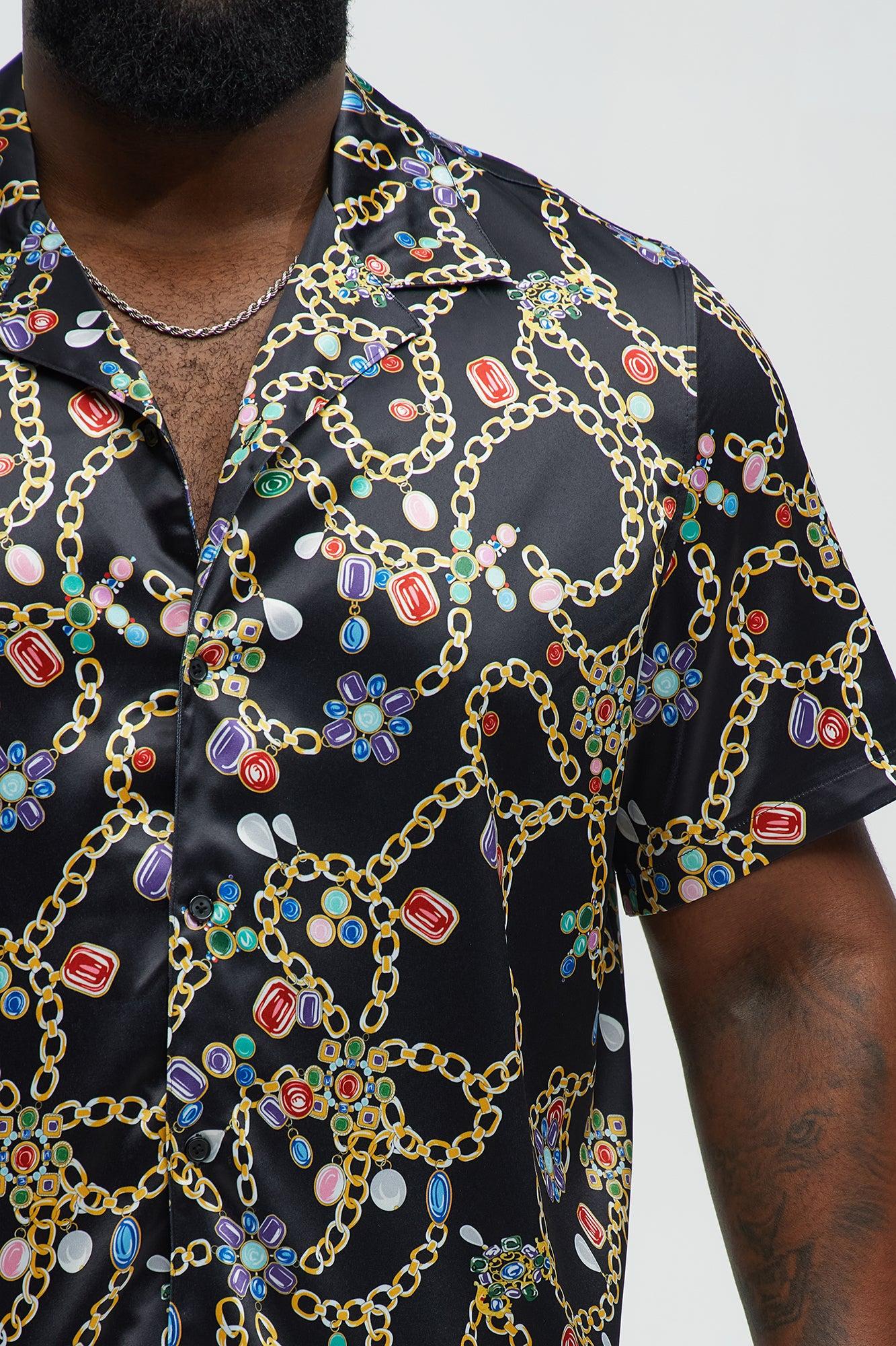 Tidal Jewel Printed Cuban Collar Button Up Shirt - Black/combo Product Image