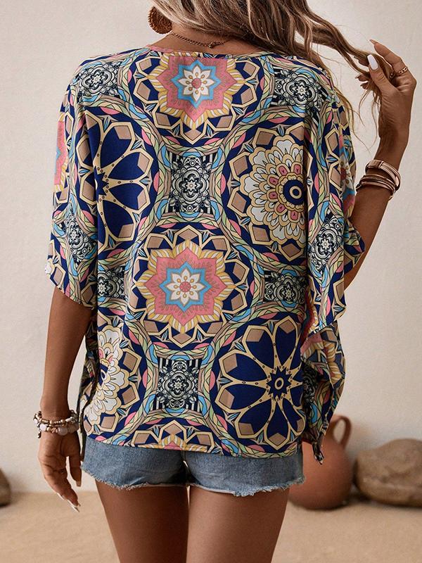 Batwing Sleeves Loose Buttoned Flower Print V-Neck Blouses&Shirts Tops Product Image