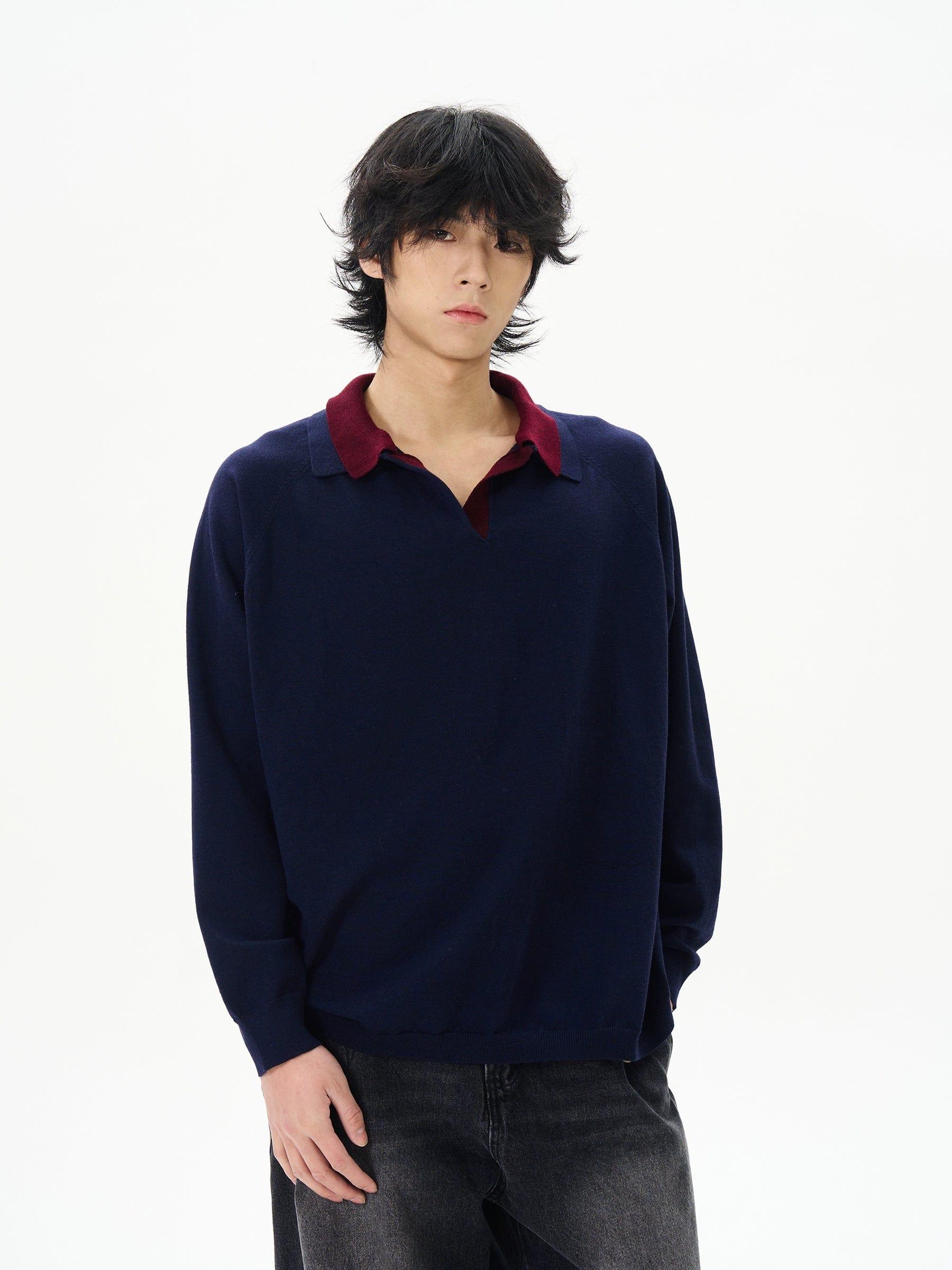 RT No. 12208 TWO PIECE NAVY KNIT POLO PULLOVER SWEATER Product Image