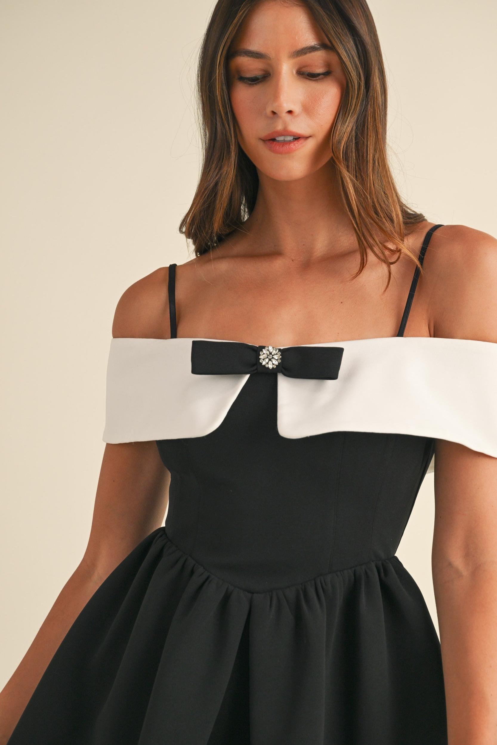 Bow Detail Off Shoulder Contrast Fit & Flare Dress Product Image