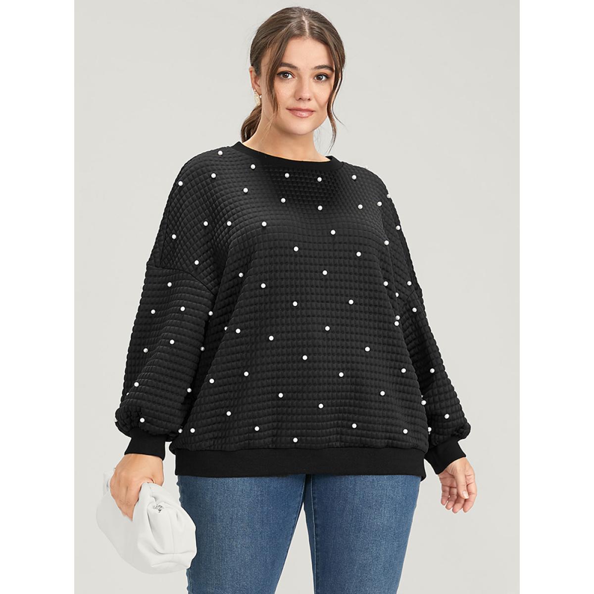 Plus Size Solid Texture Pearls Beaded Sweatshirt Women Black Party Beaded Round Neck Going out Sweatshirts BloomChic 26/4X Product Image
