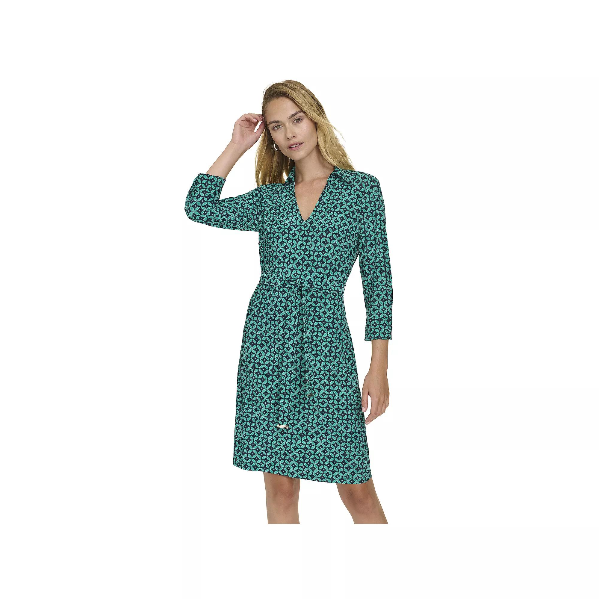 Women's Harper Rose Long Sleeve Collar Neck Tie Belt Dress, Size: 10, Green Geo Product Image