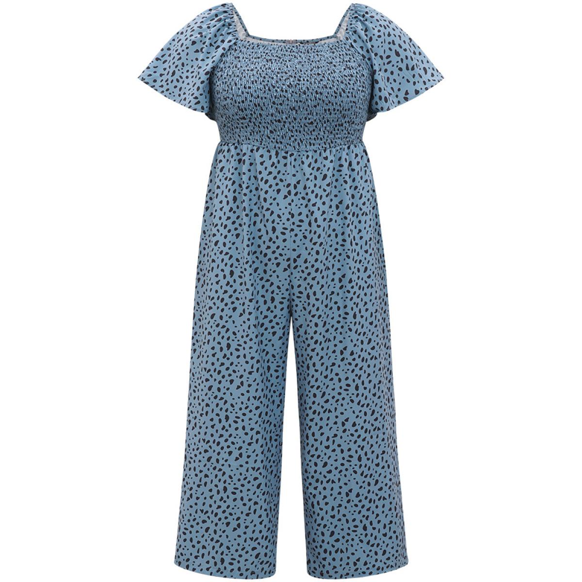 Plus Size DarkBlue Leopard Print Square Neck Shirred Flutter Sleeve Jumpsuit Women Elegant Short sleeve Square Neck Dailywear Loose Jumpsuits BloomChic 12/L Product Image