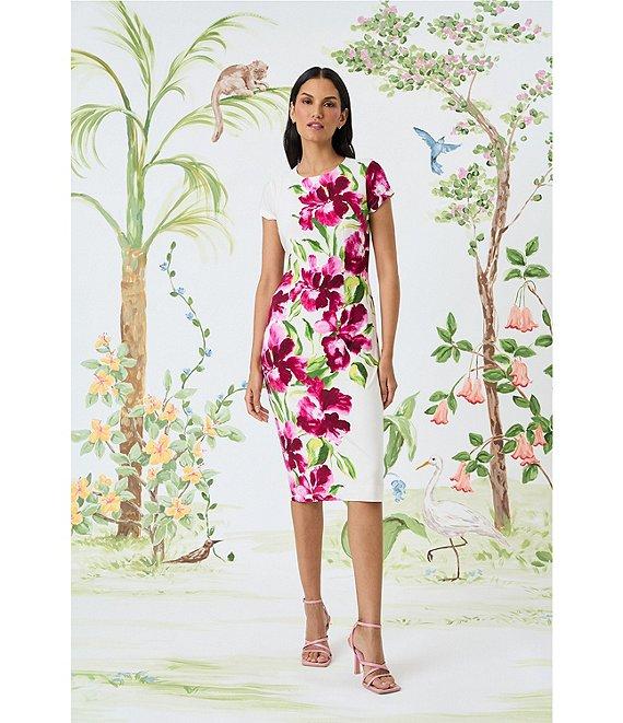 Maggy London Matte Jersey Floral Print Crew Neck Short Sleeve Sheath Midi Dress Product Image