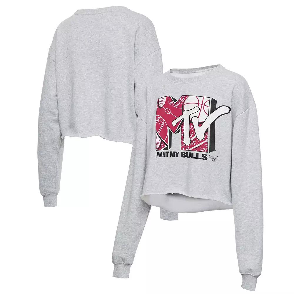Women's Junk Food Heathered Gray Chicago Bulls NBA x MTV I Want My Cropped Fleece Pullover Sweatshirt,  Product Image
