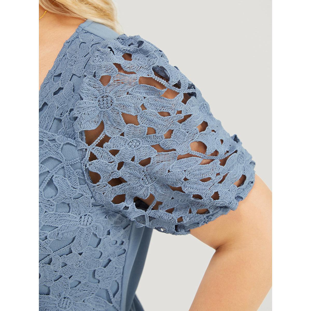 Plus Size Stone Solid Lace Notched Square Neck Pocket Pleated Jumpsuit Women Glamour Short sleeve V-neck Going out Loose Jumpsuits BloomChic 26/4X Product Image