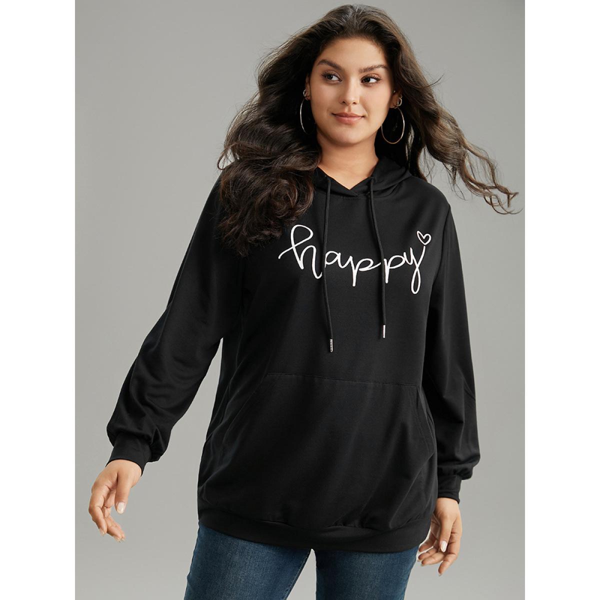 Plus Size Positive Slogans Print Kangaroo Pocket Hooded Sweatshirt Women Black Casual Printed Dailywear Sweatshirts BloomChic 26/4X Product Image