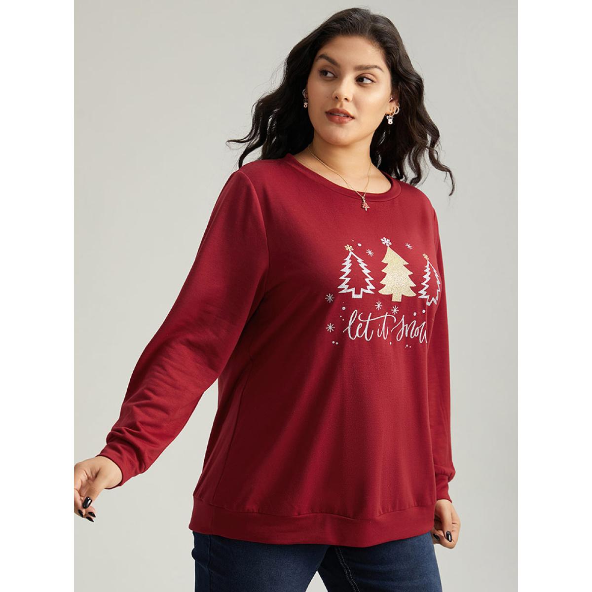 Plus Size Christmas Trees Round Neck Sweatshirt Women Raspberry Casual Printed Festival-Christmas Sweatshirts BloomChic 28/5X Product Image