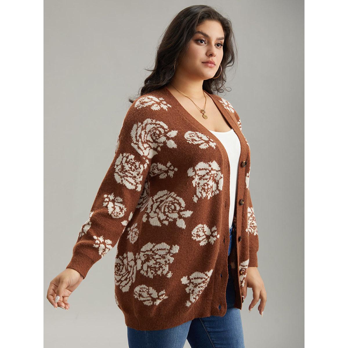 Plus Size Anti-Pilling Floral Print Drop Shoulder Cardigan Chocolate Women Casual Loose Long Sleeve Dailywear Cardigans BloomChic 14-16/1X Product Image