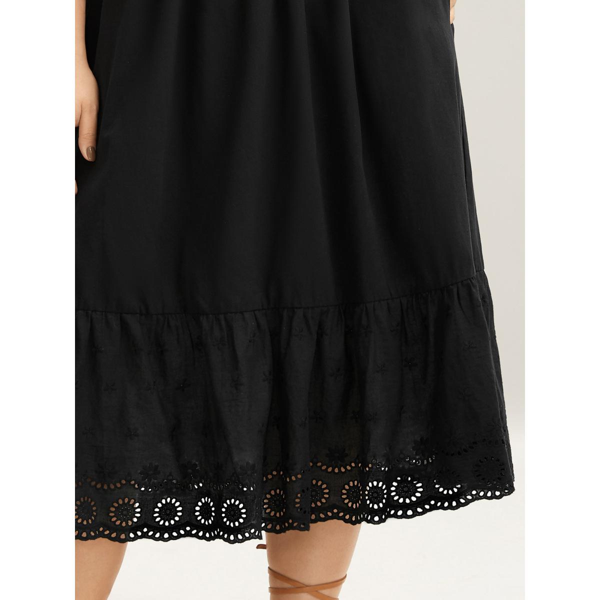 Plus Size Cotton Embroidered Lace Tiered Hem Skirt Women Black Elegant Gathered Bodycon Low stretch Slanted pocket Everyday-Elegant Skirts BloomChic 22-24/3X Product Image