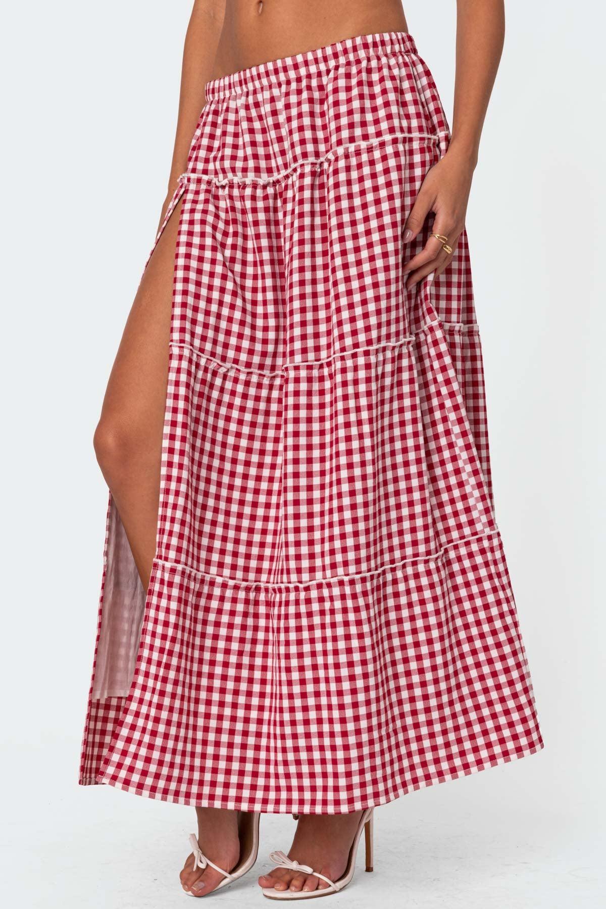 Gingham Side Slit Tiered Maxi Skirt Product Image