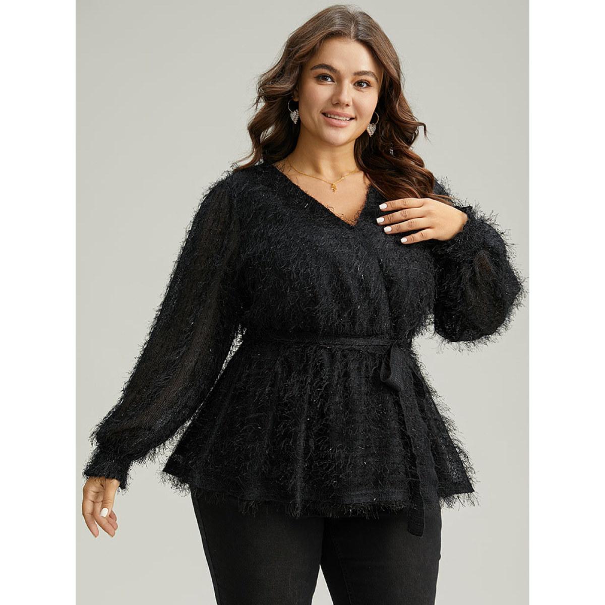 Plus Size Black Solid Tassel Mesh Patchwork Belted Wrap Blouse Women Glamour Long Sleeve Overlap Collar Festival-Christmas Blouses BloomChic 18-20/2X Product Image