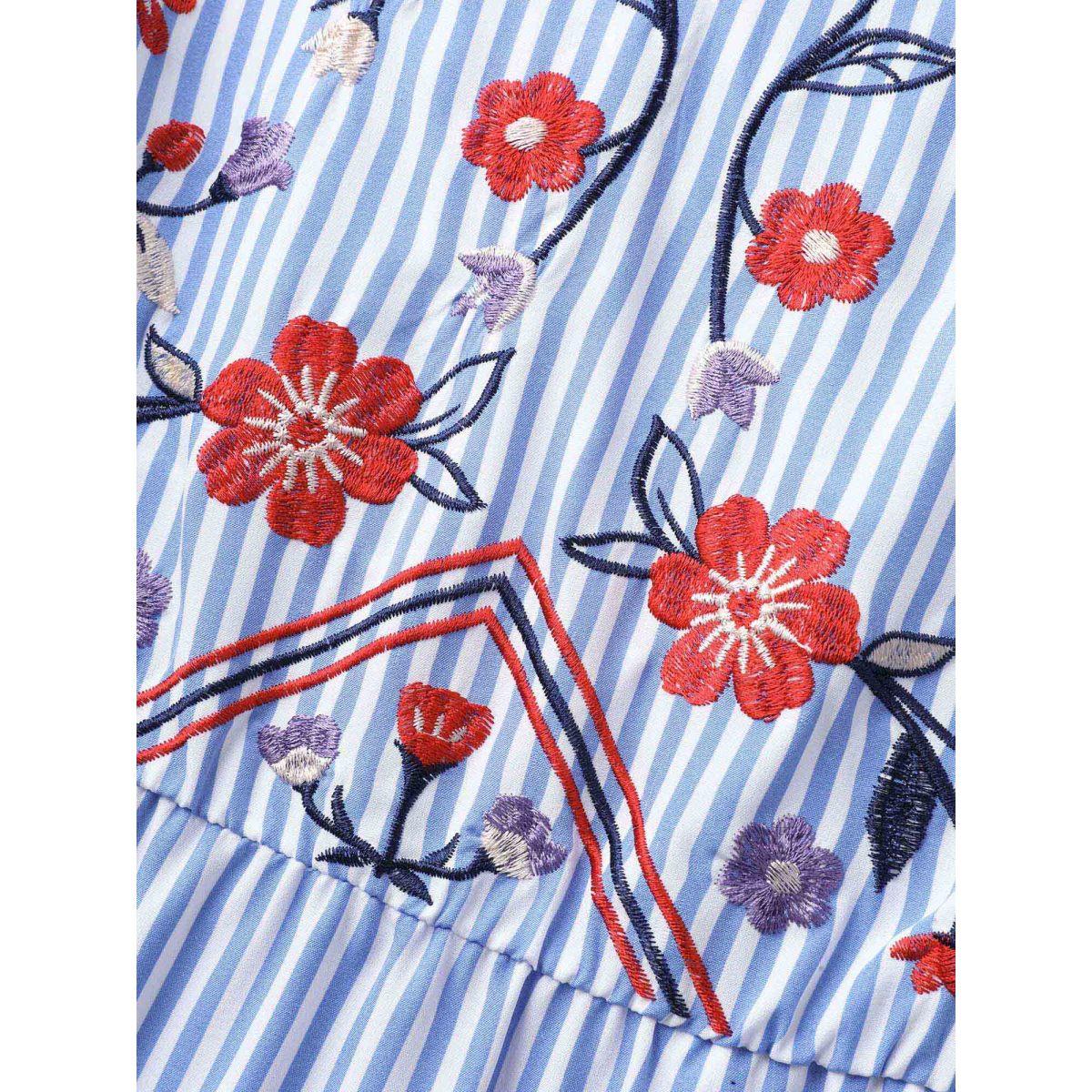 Plus Size Floral Embroidery Stripes Flutter Midi Dress LightBlue Women Boho Round Neck Cap Sleeve Curvy BloomChic 22-24/3X Product Image