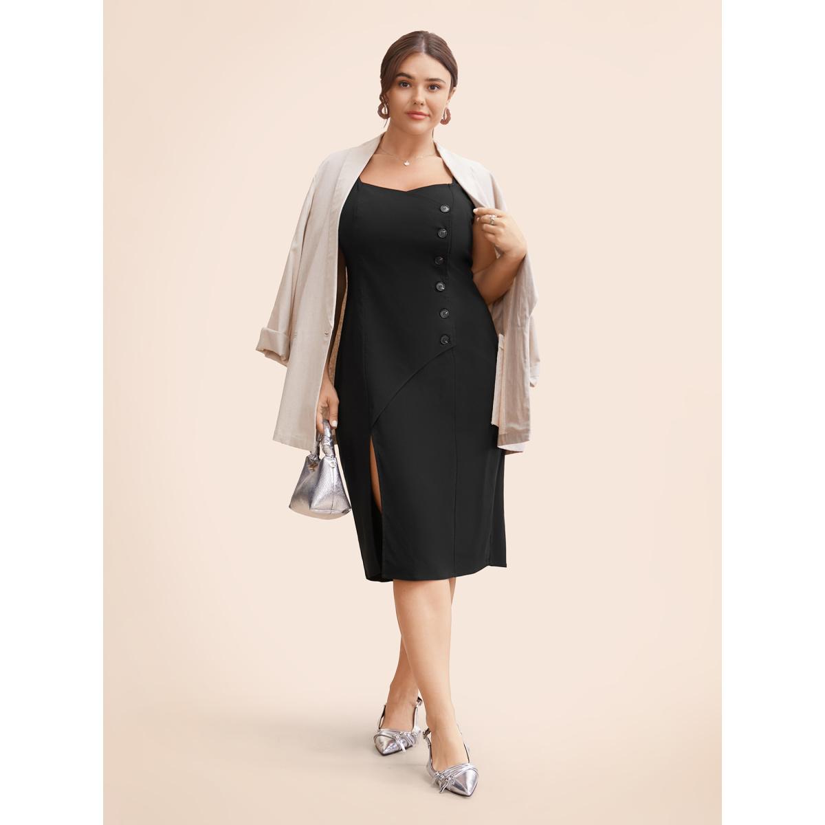 Plus Size Stretch Woven Cut-Out Midi Dress Black Women At the Office Button Heart neckline Sleeveless Curvy BloomChic 12/L Product Image