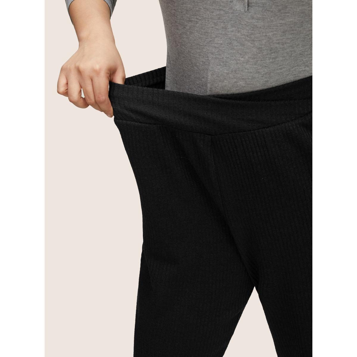 Plus Size Rib Knit Wideband Waist High Rise Pants Women Black Casual High Rise Dailywear Pants BloomChic 26/4X Product Image
