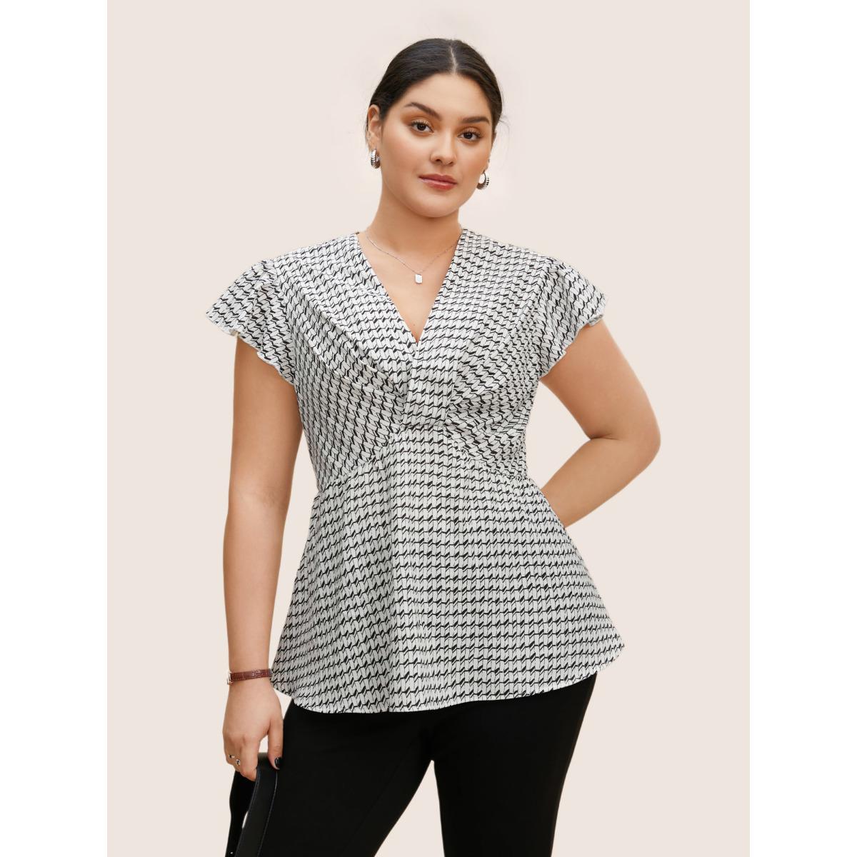 Plus Size Ivory Geometric Wrap Flutter Cap Sleeve Blouse Women At the Office Cap Sleeve V-neck Work Blouses BloomChic 22-24/3X Product Image