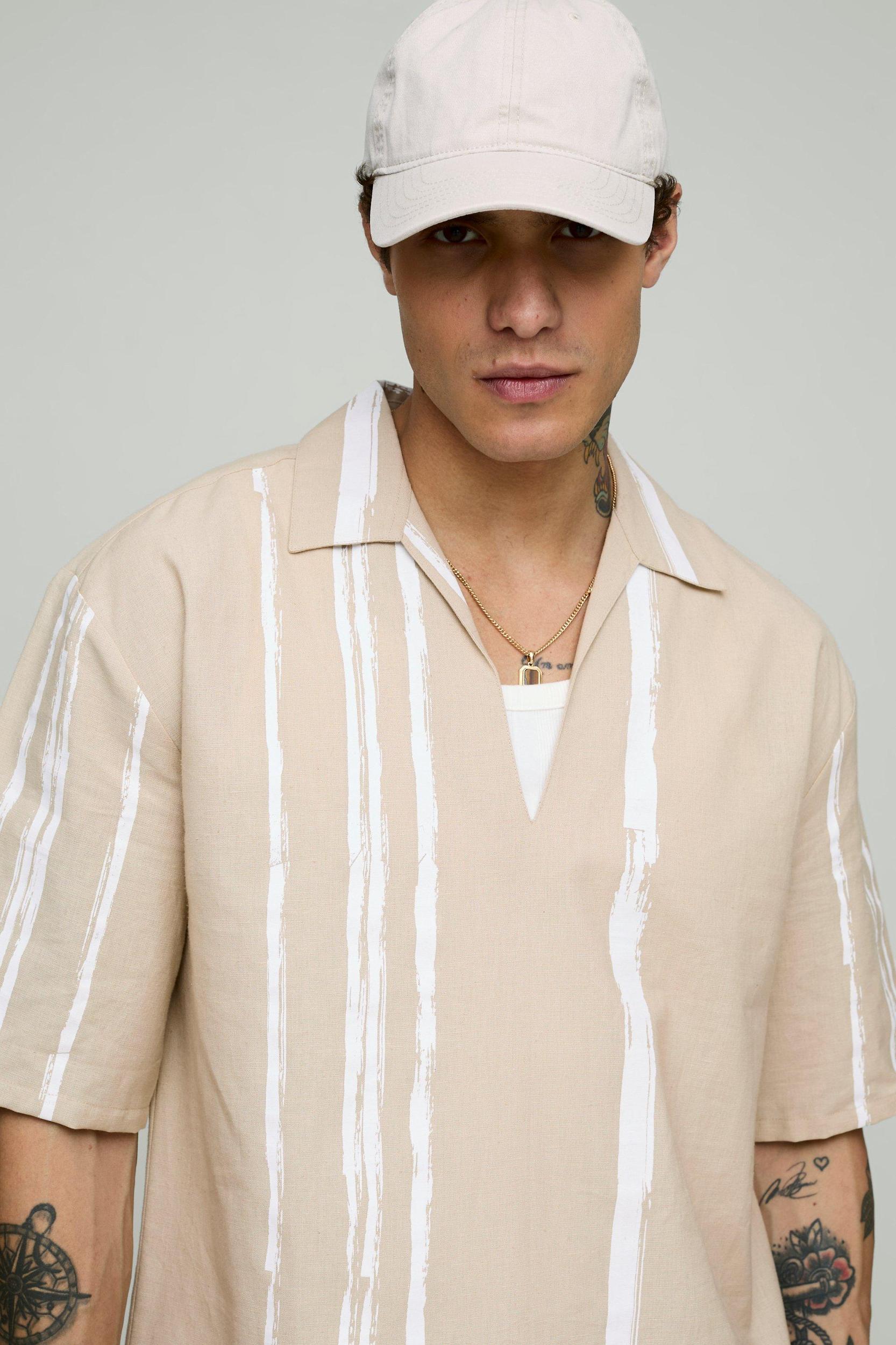 Oversized Linen Stripe Plunge Neck Shirt | boohooMAN USA Product Image