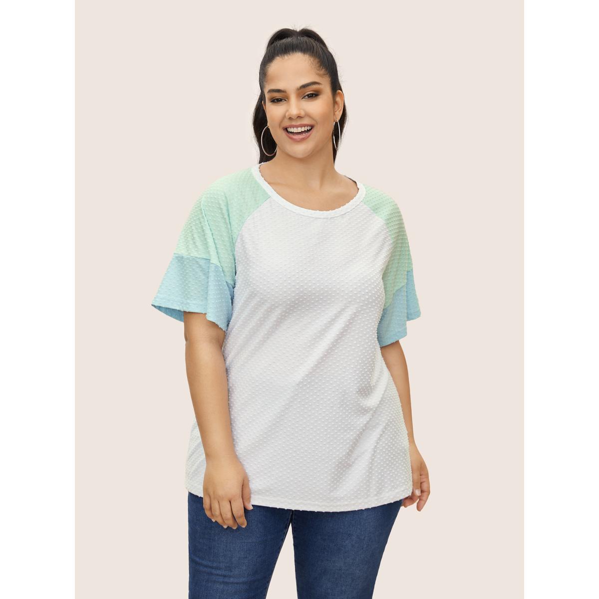 Plus Size Round Neck Textured Patchwork Contrast T-shirt White Women Casual Texture Round Neck Everyday T-shirts BloomChic 22-24/3X Product Image