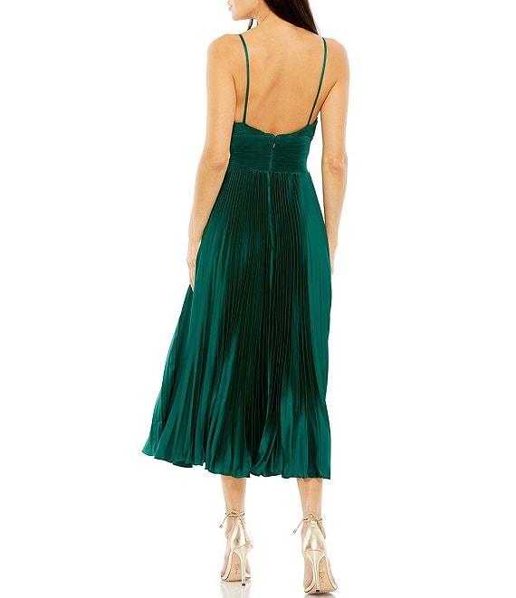 Mac Duggal Satin Pleated V-Neck Sleeveless Midi Dress Product Image