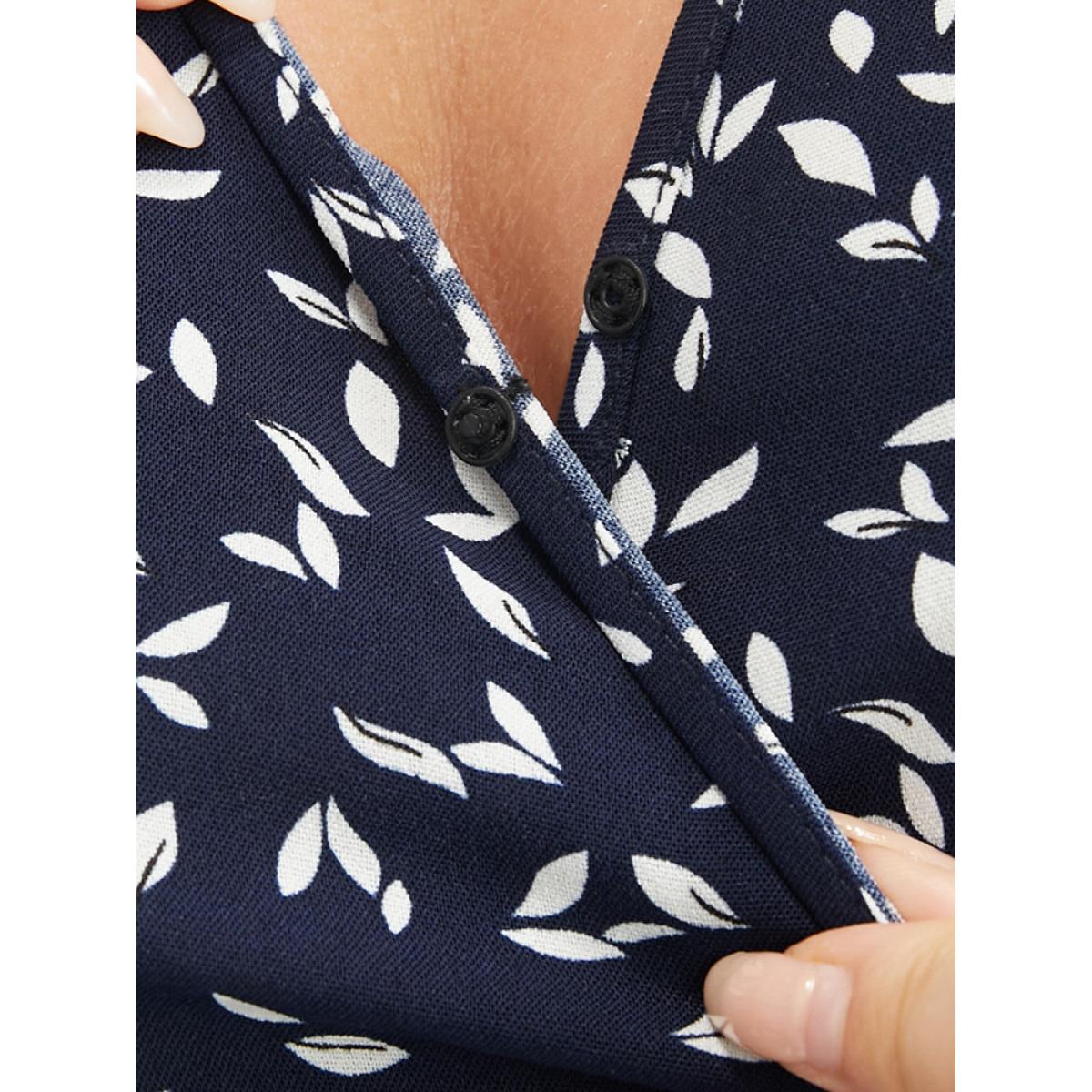 Plus Size Plant Print Pocket Lantern Sleeve Wrap Shirred Dress Indigo Women Elegant Shirred V-neck Long Sleeve Curvy Midi Dress BloomChic 26/4X Product Image