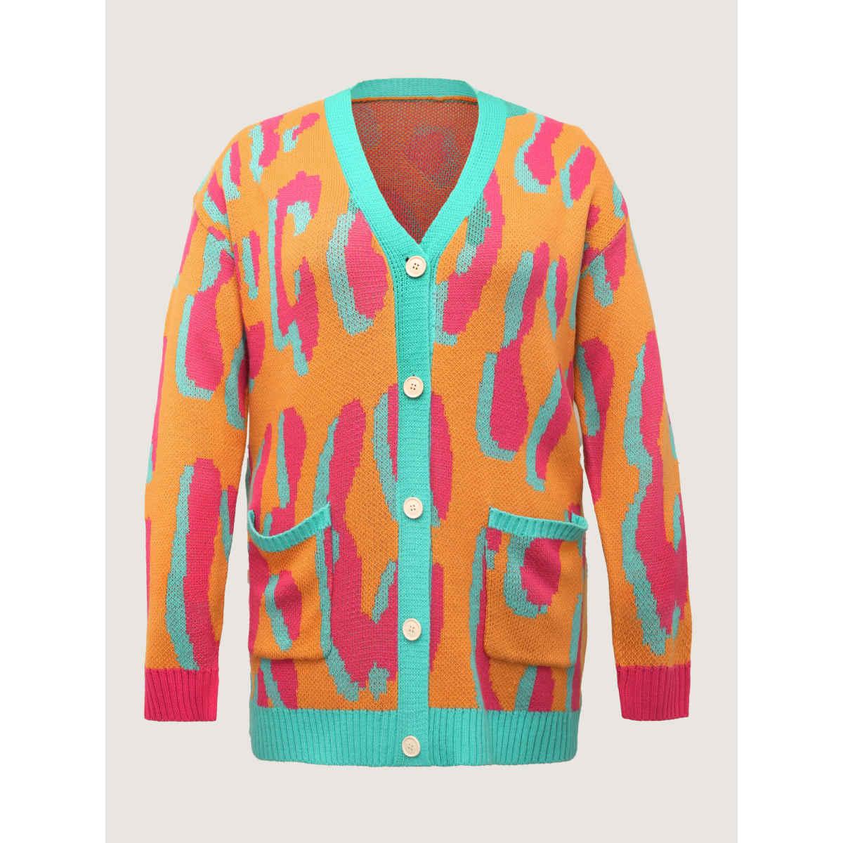 Plus Size Colorful Leopard Button Pockets Knit Cardigan Amber Women Playful Loose Long Sleeve Casual Cardigans BloomChic 26/4X Product Image