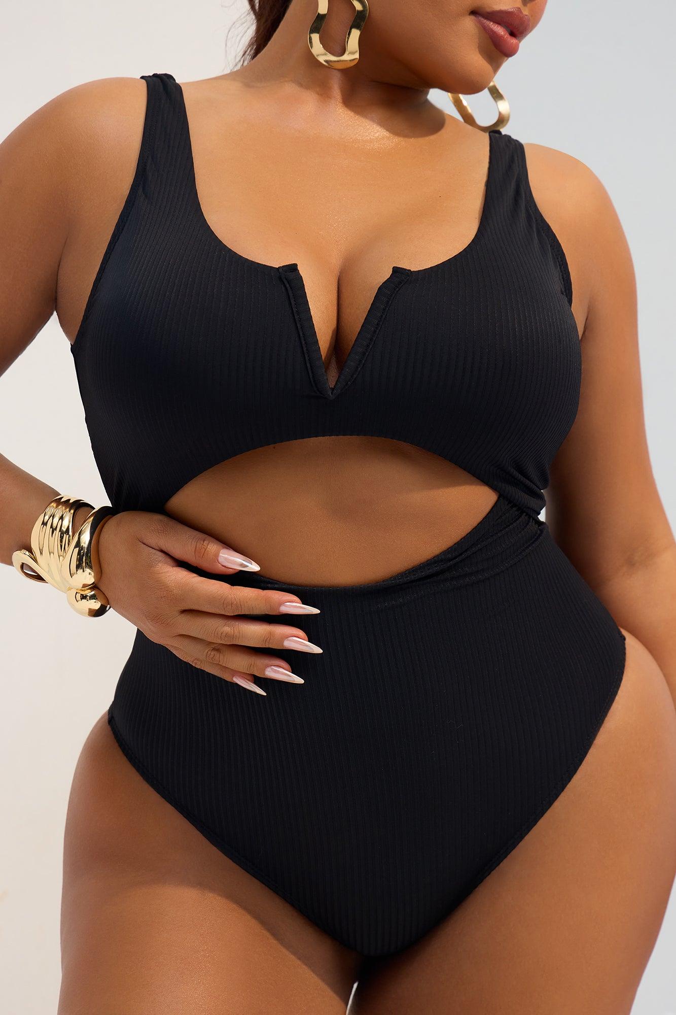 By The Shore V Wire Cutout Ribbed 1 Piece Swimsuit - Black Product Image