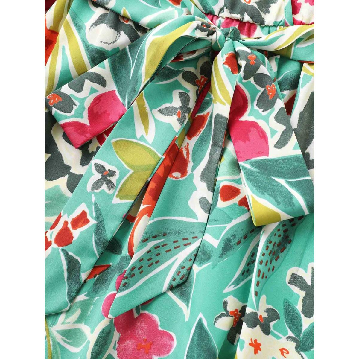 Plus Size Floral Wrap Patchwork Ruffle Cap Sleeve Dress Emerald Women Resort Belted V-neck Cap Sleeve Curvy BloomChic 26/4X Product Image