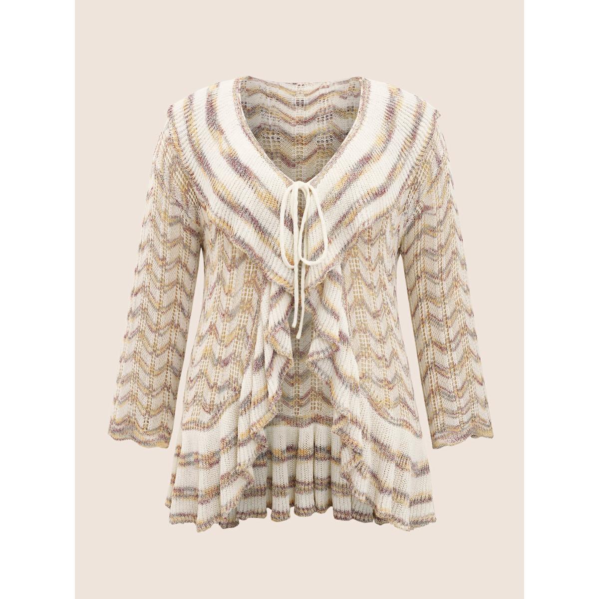 Plus Size Ombre Heather Ruffle Trim Ties Front Cardigan Ivory Women Everyday Elegant Cover Ups Bloomchic 14-16/1X Product Image