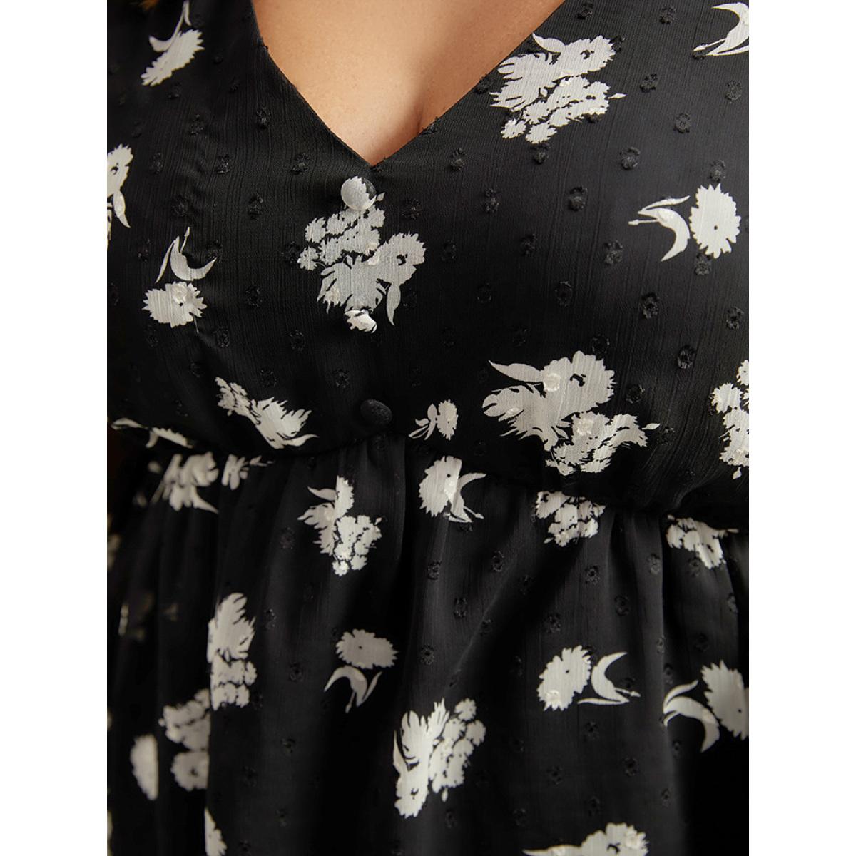 Plus Size BlackFlower Silhouette Floral Print Gathered Shirred Blouse Women Elegant Long Sleeve V-neck Dailywear Blouses BloomChic 26/4X Product Image