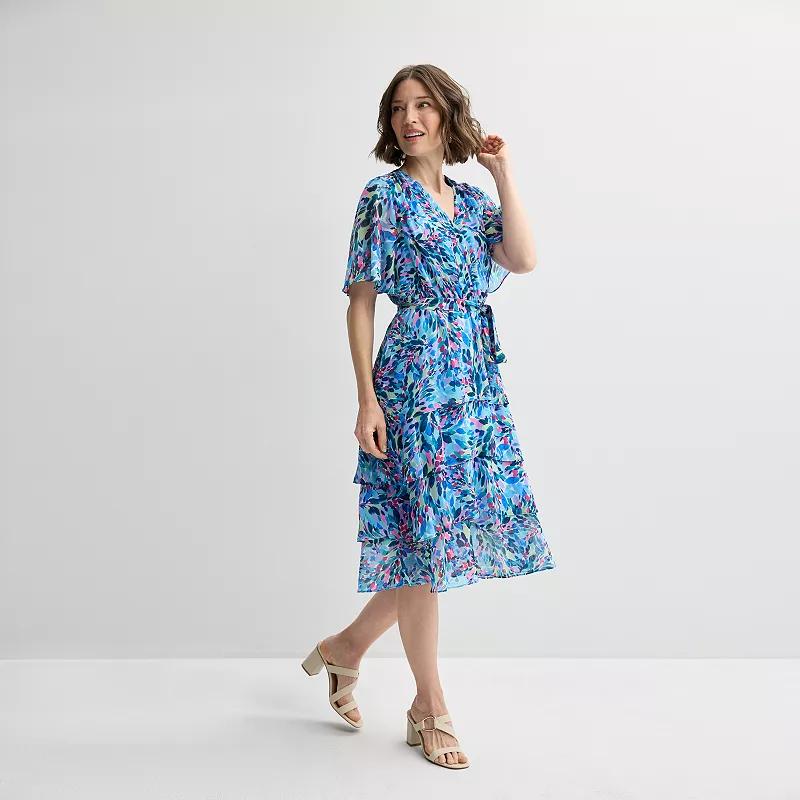 Women's Sandra Darren Surplice Flutter Tiered Midi Dress, Size: Medium, Blue Team Floral Product Image